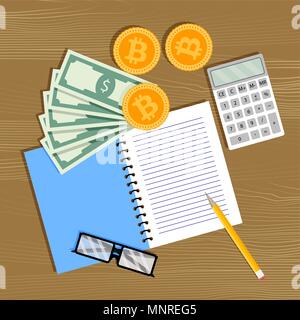 Crypto business trading sur l'échange et l'exploitation minière. Paiement virtuel à l'e-business, bitcoin, golden bit-pièce. Vector illustration Illustration de Vecteur