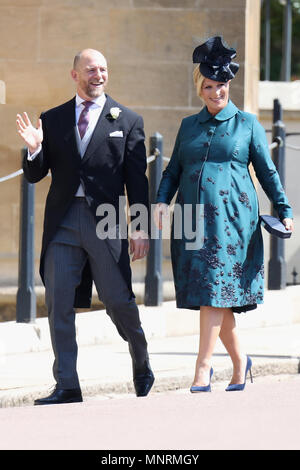 Zara et Mike Tindall arrivent à la Chapelle St George du château de Windsor pour le mariage de Meghan Markle et le prince Harry. Banque D'Images