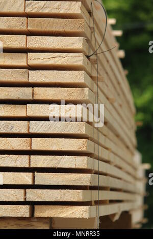 Pile de nouveaux goujons en bois au chantier de bois Banque D'Images