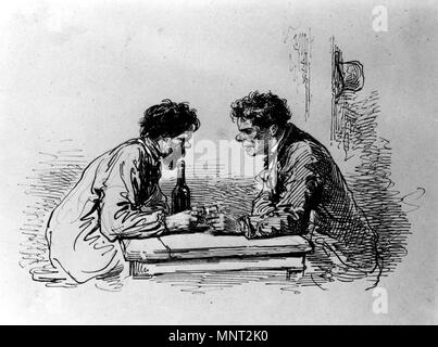 Paul Gavarni (Français, 1804-1866). "Deux hommes à une table avec du vin, ca. 1859. L'encre de noix de galle à l'encre rouge rehaussée de blanc sur marron, modérément épais, légèrement texturé papier vélin. Walters Art Museum (37,1446) : Acquis par William T. Walters, 1865. 37,1446966 Paul Gavarni - deux hommes à une table avec du vin - Walters 371446 Banque D'Images