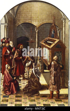 Espagnol : Adoración del sepulcro de San Pedro Mártir le tombeau de saint Pierre Martyr . Español : La obra muestra a un grupo de personas contemplando el sepulcro de San Pedro de Vérone (1205-1252), más conocido como San Pedro Mártir, ya que según consta en la leyenda dorada de Jacobo de Vorágine, las lámparas que colgaban los fieles junto al sepulcro del Santo se encendían por sí mismas. . Entre 1493 et 1499 circa circa. 970 Pedro Berruguete - Le tombeau de saint Pierre Martyr - WGA2091 Banque D'Images