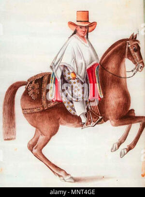 . Anglais : Femme en blanc poncho à cheval à Lima, Pérou, par un artiste inconnu travaillant à Canton, en Chine au milieu du 19e siècle. Aquarelle sur papier, moelle avec ruban de soie. 11 ½ x 8 ½ po. Collections du Musée d'Art Populaire International, Santa Fe. milieu du xixe siècle. artiste inconnu travaillant dans la région de Canton, Chine 974 Peru-Canton aquarelle Banque D'Images