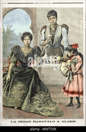 . Anglais : dos de couverture de magazine Le Petit Journal (19 mars 1899) montrant la reine Ranavalona III en exil à Alger, avec sa tante Ramasindrazana et sa nièce Marie-Louise. L'illustration pleine page en couleur sur la couverture arrière de ce numéro est intitulé 'La Reine Ranavalo à Alger' ['La reine Ranavalona à Alger']. 19 mars 1899. Artiste inconnu 979 Petit Journal Ranavalona III en exil à Alger Banque D'Images