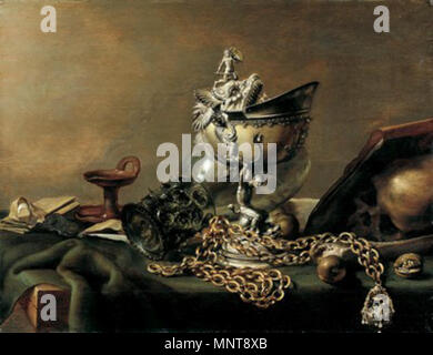 Deutsch : English : Vanitasstilleben avec nautilus cup et musc apple sur chaîne d'or 1636. Pieter Claesz 991 005 Banque D'Images