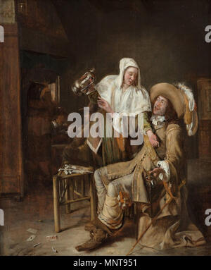 Scène de taverne avec chambre d'essayer de remplir le verre d'un cavalier vers 1652. 992 Pieter de Hooch - Le verre vide - WGA11680 Banque D'Images