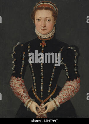 . Anglais : Portrait d'une dame inconnue dans une robe noire avec des manches rouge et argent et un capot rouge français. . Entre vers 1565 et vers 1570. 993 Pieter Jansz. Pourbus Portrait d'une femme dans une robe noire Banque D'Images