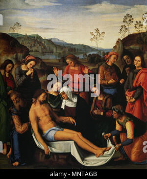 Lamentation sur le Christ mort . Pietro Perugino : Compianto sul Cristo morto. No de cat. 40 à Vittoria Garibaldi : Perugino. Catalogo completo. Octavo, Firenze 2000, ISBN 88-8030-091-1 . 1495. 997 Pietro Perugino cat40 Banque D'Images