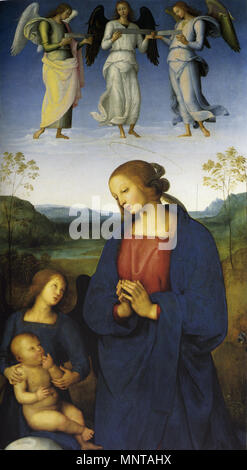 La Vierge et l'Enfant avec ange . Pietro Perugino : Polittico della Certosa di Pavia (Vergine col bambino e angeli). No de cat. 54 à Vittoria Garibaldi : Perugino. Catalogo completo. Octavo, Firenze 2000, ISBN 88-8030-091-1 . vers 1500. 997 Pietro Perugino cat54b Banque D'Images