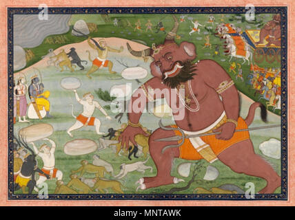 . Anglais : Inconnu ; l'école de Kangra Scène indienne du Ramayana (la bataille entre Hanuman et Kumbhakarna) ca. 1810-1820, période Mughal Gouache sur papier dessin non encadrée : 25,4 x 35 cm MH 1981.6 Achat avec le Fonds John Martyn Warbeke 2 chiffres à gauche (Lakshmana et Rama) regarder la bataille entre le Singe Hanuman (blanc) et le démon géant Kumbhakarna ; une deuxième scène partielle de la bataille a lieu dans le coin supérieur droit de la composition. Entre vers 1810 et vers 1820 ; période moghole. ca. 1810-1820 période moghole ; 1169 La bataille entre Hanuman et Kumbhakarna Banque D'Images