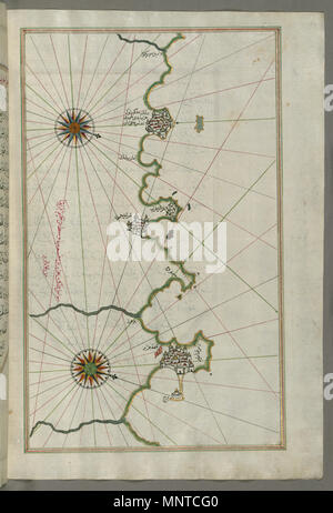 (En turc Piri Reis, 1465-1555). 'Feuille à partir du livre sur la navigation, l' 17ème-18ème siècle. l'encre, la peinture, et l'or sur papier. Walters Art Museum (W.658.270B) : acquis par Henry Walters. W.658.270b 1003 - carte de Piri Reis la côte algérienne d'Alger - Walters W658270B - Page complète Banque D'Images