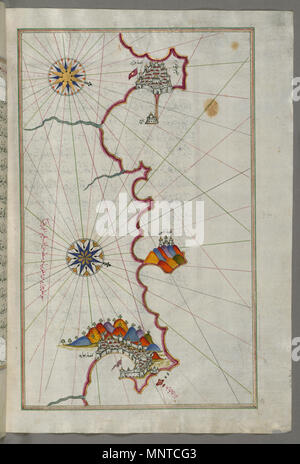 (En turc Piri Reis, 1465-1555). 'Feuille à partir du livre sur la navigation, l' 17ème-18ème siècle. l'encre, la peinture, et l'or sur papier. Walters Art Museum (W.658.271B) : acquis par Henry Walters. W.658.271b 1003 - carte de Piri Reis la côte algérienne d'Alger à Bejaia - Walters W658271B - Page complète Banque D'Images