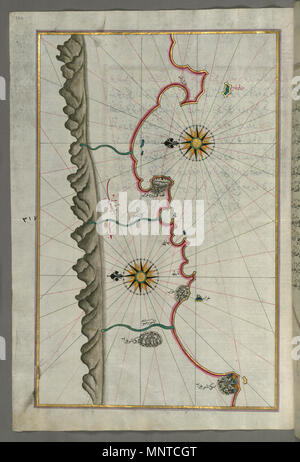 (En turc Piri Reis, 1465-1555). 'Feuille à partir du livre sur la navigation, l' 17ème-18ème siècle. l'encre, la peinture, et l'or sur papier. Walters Art Museum (W.658.326A) : acquis par Henry Walters. W.658.326un Piri Reis 1003 - Carte de la côte anatolienne d'Silfke à Anamur - Walters W658326A - Page complète Banque D'Images