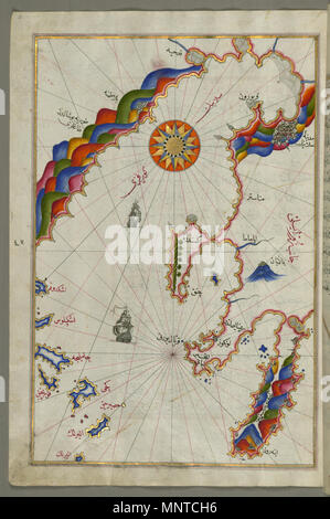 (En turc Piri Reis, 1465-1555). 'Feuille à partir du livre sur la navigation, l' 17ème-18ème siècle. l'encre, la peinture, et l'or sur papier. Walters Art Museum (W.658.51A) : acquis par Henry Walters. W.658.51un Piri Reis 1003 - Carte de la baie de Salonique - Walters W65851A - Page complète Banque D'Images