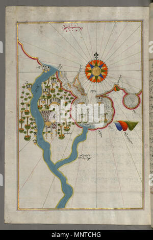 (En turc Piri Reis, 1465-1555). 'Feuille à partir du livre sur la navigation, l' 17ème-18ème siècle. l'encre, la peinture, et l'or sur papier. Walters Art Museum (W.658.308B) : acquis par Henry Walters. W.658.308b Piri Reis 1003 - Site de la ville de Damiette sur la côte égyptienne - Walters W658308B - Page complète Banque D'Images