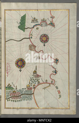 (En turc Piri Reis, 1465-1555). 'Feuille à partir du livre sur la navigation, l' 17ème-18ème siècle. l'encre, la peinture, et l'or sur papier. Walters Art Museum (W.658.317B) : acquis par Henry Walters. W.658.317b 1003 - carte de Piri Reis la côte Est de la Méditerranée et de la ville de Tripoli - Walters W658317B - Page complète Banque D'Images