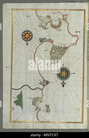 (En turc Piri Reis, 1465-1555). 'Feuille à partir du livre sur la navigation, l' 17ème-18ème siècle. l'encre, la peinture, et l'or sur papier. Walters Art Museum (W.658.315A) : acquis par Henry Walters. W.658.315un Piri Reis 1003 - Carte de la côte de la Méditerranée orientale avec la ville de Tyr - Walters W658315A - Page complète Banque D'Images