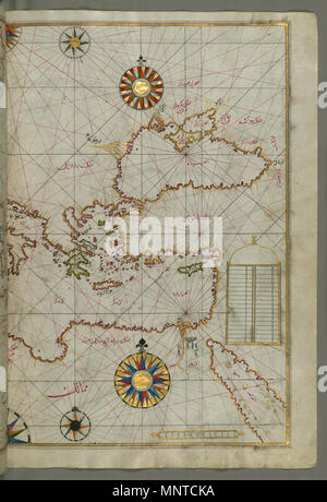 (En turc Piri Reis, 1465-1555). 'Feuille à partir du livre sur la navigation, l' 17ème-18ème siècle. l'encre, la peinture, et l'or sur papier. Walters Art Museum (W.658.63B) : acquis par Henry Walters. W.658.63b Piri Reis 1003 - Carte de la Méditerranée orientale, la mer Egée et la mer Noire - Walters W65863B - Page complète Banque D'Images