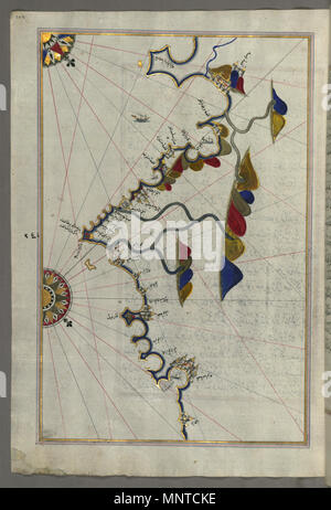 (En turc Piri Reis, 1465-1555). 'Feuille à partir du livre sur la navigation, l' 17ème-18ème siècle. l'encre, la peinture, et l'or sur papier. Walters Art Museum (W.658.248A) : acquis par Henry Walters. W.658.248un Piri Reis 1004 - Carte de la côte française de la frontière italienne jusqu'à Nice - Walters W658248A - Page complète Banque D'Images