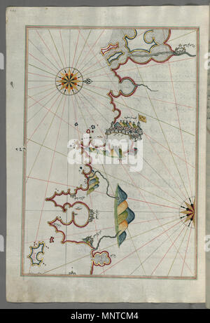 (En turc Piri Reis, 1465-1555). 'Feuille à partir du livre sur la navigation, l' 17ème-18ème siècle. l'encre, la peinture, et l'or sur papier. Walters Art Museum (W.658.253A) : acquis par Henry Walters. W.658.253un Piri Reis 1004 - Carte de la côte française autour de Marseille - Walters W658253A - Page complète Banque D'Images