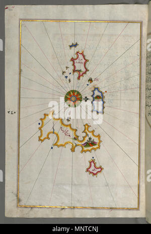 (En turc Piri Reis, 1465-1555). 'Feuille à partir du livre sur la navigation, l' 17ème-18ème siècle. l'encre, la peinture, et l'or sur papier. Walters Art Museum (W.658.355A) : acquis par Henry Walters. W.658.355un Piri Reis 1004 - Carte des îles et Folegandros Ios - Walters W658355A - Page complète Banque D'Images