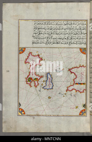(En turc Piri Reis, 1465-1555). 'Feuille à partir du livre sur la navigation, l' 17ème-18ème siècle. l'encre, la peinture, et l'or sur papier. Walters Art Museum (W.658.115A) : acquis par Henry Walters. W.658.115un Piri Reis 1004 - Carte des îles de Délos et Rineia à l'ouest de l'île de Mykonos dans la mer Égée - Walters W658115A - Page complète Banque D'Images