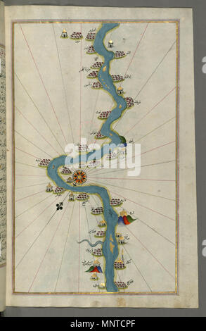 (En turc Piri Reis, 1465-1555). 'Feuille à partir du livre sur la navigation, l' 17ème-18ème siècle. l'encre, la peinture, et l'or sur papier. Walters Art Museum (W.658.310B) : acquis par Henry Walters. W.658.310b 1004 - carte de Piri Reis l'oasis et de villages le long du Nil jusqu'à Sidi Musá - Walters W658310B - Page complète Banque D'Images