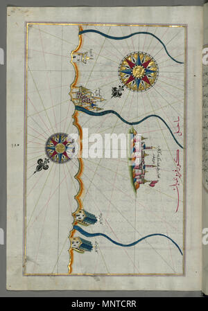 (En turc Piri Reis, 1465-1555). 'Feuille à partir du livre sur la navigation, l' 17ème-18ème siècle. l'encre, la peinture, et l'or sur papier. Walters Art Museum (W.658.191A) : acquis par Henry Walters. W.658.191un Piri Reis 1004 - Plan de la ville d'Urbino et les environs - Walters W658191A - Page complète Banque D'Images
