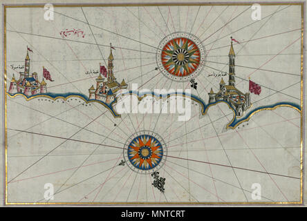 (En turc Piri Reis, 1465-1555). 'Feuille à partir du livre sur la navigation, l' 17ème-18ème siècle. l'encre, la peinture, et l'or sur papier. Walters Art Museum (W.658.203A) : acquis par Henry Walters. W.658.203un Piri Reis 1004 - Plan de la ville de Bari et de la région - Walters W658203A - rotation Banque D'Images