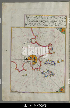 (En turc Piri Reis, 1465-1555). 'Feuille à partir du livre sur la navigation, l' 17ème-18ème siècle. l'encre, la peinture, et l'or sur papier. Walters Art Museum (W.658.226A) : acquis par Henry Walters. W.658.226un 1004 - carte de Piri Reis deux petites îles au large de la côte de la Sardaigne - Walters W658226A - Page complète Banque D'Images