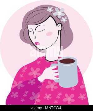 Cute girl dans sweaterdrinks confortable savoureux chaud tasses de thé. Vector illustration tea party Illustration de Vecteur