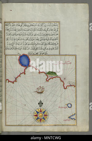 (En turc Piri Reis, 1465-1555). 'Feuille à partir du livre sur la navigation, l' 17ème-18ème siècle. l'encre, la peinture, et l'or sur papier. Walters Art Museum (W.658.45B) : acquis par Henry Walters. W.658.45b 1004 - Piri Reis Map avec une partie de la côte européenne avec les îles d'Semendrek Imroz et dans la mer Égée - Walters W65845B - Page complète Banque D'Images