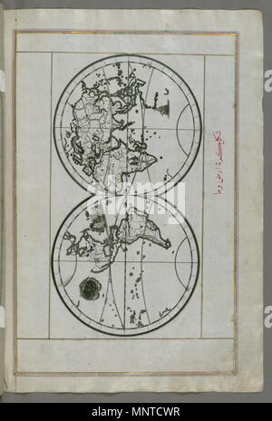 (En turc Piri Reis, 1465-1555). 'Feuille à partir du livre sur la navigation, l' 17ème-18ème siècle. l'encre, et d'or sur papier. Walters Art Museum (W.658.40B) : acquis par Henry Walters. W.658.40b Piri Reis 1004 - Carte du monde en un double hémisphère - Walters W65840B - Page complète Banque D'Images