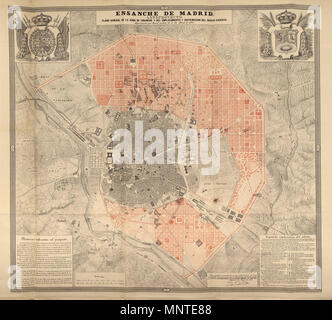 . Español : Ensanche de Madrid, anteproyecto matériel [cartográfico] : plano general de la zona del Ensanche y del emplazamiento y distribución del nuevo caserío, egecutado por Real Orden de 8 de Abril de 1857 / Carlos Mª de Castro ; F Pérez Baquero grabó en Refleja el proyecto de couleur carmín ensanche e incluye un ambos lados, en la parte inférieur, leyenda explicativa del plano y notas referentes al proyecto. En ángulo superior izquierdo l'escudo du vrai y en el derecho escudo de Madrid incluido en : Memoria descriptiva del Anteproyecto del Ensanche de Madrid : aprobado por Real Decreto de 19 de Juli Banque D'Images