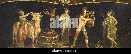 . Anglais : Détail avec des motifs d'Iphigénie en Tauride d'Euripide à partir de la décoration dans le Triclinium de la Casa dei Vettii VI (15,1) à Pompéi. Deutsch : Détail der aus dem Wanddekoration Triklinium der Casa dei Vettii VI (15,1) dans Pompeji mit Motiven aus Iphigénie en Taureau des Euripide. Italiano : Scena da Ifigenia in Tauride di Euripide, nella decorazione del triclinio della Casa dei Vettii VI (15,1) un Pompéi. 14 mars 2009. WolfgangRieger 1012 Pompéi - Casa dei Vettii - Triclinium - Iphigénie Banque D'Images