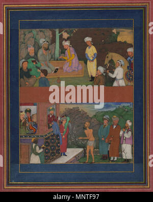 . Anglais : Page enluminée du Gulistan de Sa'di, Mughal début du 17e siècle Cette page comprend deux illustrations de l'ouverture du chapitre intitulé "La conduite des Rois." Le registre inférieur montre un roi qui avait donné une grosse somme d'argent à un mendiant qui a dilapidé et ensuite retourné pour plus. Au début, le roi a refusé le mendiant de l'argent supplémentaire, mais son ministre lui a conseillé de remettre le pauvre homme une allocation en plusieurs fois pour ne pas gaspiller. Cette anecdote a pour but d'illustrer que l'on ne doit pas rendre quelqu'un espère par un acte de gentillesse sans bornes et puis dash Banque D'Images