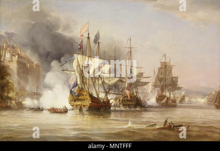 La capture de Puerto Bello, 21 novembre 1739 . Anglais : Ce tableau est basé sur une gravure d'une vue panoramique Peinture de Samuel Scott. Au cours de l'été 1739, au cours d'un débat à la Chambre des communes concernant la détérioration de la situation avec l'Espagne dans les Antilles, le capitaine Edward Vernon a affirmé qu'il pourrait prendre la ville espagnole de Puerto Bello, Panama, sur le côté nord de l'Isthme de Darién avec six navires de la ligne. Il a été pris au mot, promu Vice-amiral et donné six navires de racheter son gage. La guerre est connue sous le nom de guerre de l'oreille de Jenkins. Le principal obstacle à l'ove Banque D'Images