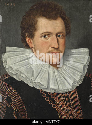 . Anglais : Portrait of a gentleman, le buste-longueur, dans un manteau noir brodé blanc et Ruff, 6231 avec une ornés de perles et un serpent entrelacés autour d'une ancre. . 1593. 1016 Portrait d'un gentilhomme du 1593 Banque D'Images