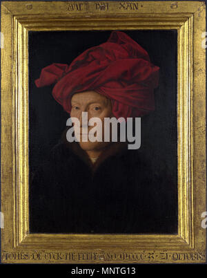 Deutsch : Porträt des Mannes mit dem Turban Italiano : Ritratto di uomo con turbante rosso Nederlands : homme rencontré de rode tulband Français : 'Portrait d'homme (autoportrait ?)', alias 'Portrait d'un homme dans un turban' 1433. 1017 Portrait d'un homme dans un turban (Jan van Eyck) avec cadre Banque D'Images