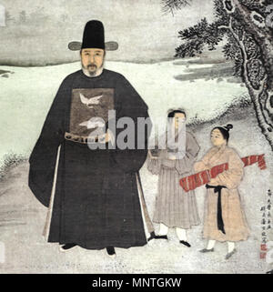 Renwuxiaoxiang huaxuan Mingqing(Nanjing : Shanghai Bowuguan, 1979), pl. 16. Portrait de Ming Jiang Shunfu. détail. . La Dynastie Ming, un portrait de l'Officiel Chinois Jiang Shunfu (1453-1504), maintenant dans le musée de Nanjing. La décoration de deux grues sur sa poitrine sont d'un rang "badge" qui indiquent qu'il était un fonctionnaire civil de la sixième grade ; se reporter à la page 282 de l'édition de poche de Frédérick e Grasser-hermé Patricia de Cambridge Illustrated History of China. Fin du 15ème siècle. 1019 Anonyme Portrait de Jiang Shunfu Banque D'Images