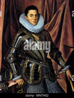 Le prince Philip Emmanuel de Savoie . Español : Retrato del Príncipe Felipe Manuel de Saboya (1586-1605), que fue el hijo primogénito de Carlos Manuel I de Saboya, Duque de Saboya, y de la Infanta Catalina Micaela de l'Autriche, hija del Rey Felipe II d'Espagne. Anglais : Portrait de Felipe Manuel, Prince de (1586-1605) éclatante remportée, fils de Charles Emmanuel I, duc de Savoie et de l'Infante Catherine Michelle d'Espagne (fille de Philippe II). L'artiste représente le prince en tant qu'héritier au trône en portant une armure de éclatante remportée Lombard origine et le collier de l'Annunziata Ordre, l'ordre le plus élevé de la K Banque D'Images