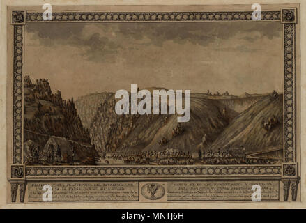 . Español : Dibujo del siglo XVIII en el que se représentent las obras de la Presa de El Gasco, edificada sobre el monte homónimo, sobre el río Guadarrama, en la confluencia de los términos municipales de Torrelodones, Las Rozas y Galapagar (Comunidad de Madrid, España). Se trata de un dibujo sobre papel verjurado ocre pluma, pincel, tinta y aguadas grises y de couleur. Incluye un pie de imagen una leyenda manuscrita un pluma y tinta negra:PRIMERA VISTA PERSPECTIVA DEL ESTRECHO DEL GASCO EN EL RIO GUADARRAMA Á DONDE SE / CONSTRUYE LA PRESA QUE LO DEVE DAR AL AGUA PARA ATAJAR CANAL DEL MISMO NOMBRE. Banque D'Images