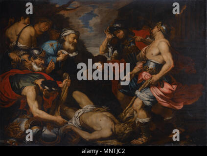 . Italiano : Priamo riscatta il corpo di Ettore o secondo altra interpretazione del Offre sousmise del quadro Alessandro Magno al cospetto delle spoglie di re Dario . Entre 1660 et 1675. Priamo 1027 riscatta il corpo di Ettore - Langetti Banque D'Images