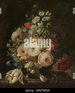 Flower still life . Anglais : Bouquet de fleurs dans un vase en verre sur une table en pierre . 1742. 1037 Rachel Ruysch - Bouquet de fleurs dans un vase en verre Banque D'Images