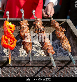 Légumes grillés et la viande est frit en brochettes sur un bain de charbon. La nourriture traditionnelle pour un pique-nique. Square. Close-up. Banque D'Images