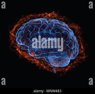 3D illustration. Cerveau humain dans une structure de connexions polygonale représentant le pouvoir de l'esprit. Banque D'Images