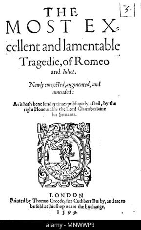 . Ελληνικά : Η πρώτη σελίδα δεύτερο από το Quarto του έργου Roméo et Juliette (1599). 한국어 : 출판된 로미오와 줄리엣 1599년. Capa : Português do Livro Romeu e Julieta. 1599 (livre imprimé) ; 27 juillet 2006 (date d'origine). Le programme d'origine a été Barney Jenkins à English Wikipedia 1072 Romeo et Juliette - page titre Banque D'Images