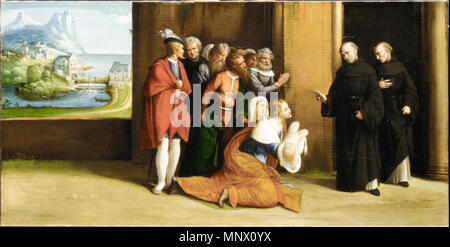 Saint Nicolas de Tolentino ressusciter un enfant vers 1530. 1085 Saint Nicolas de Tolentino ressusciter un enfant par Benvenuto Tisi Banque D'Images