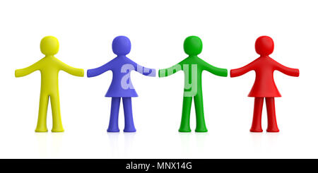 Concept d'amitié, de l'équipe. Quatre figures humaines colorées holding hands isolé sur fond blanc. 3d illustration Banque D'Images