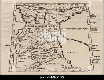 . Anglais : Laurent Fries, 1ère édition de la 3ème carte de Ptolémée d'Asie (Tabula Tertia Asiae, représentant majeur de l'Arménie, l'Albanie, Colchis, et Iberia. L'un des premiers à obtenir des cartes de la région et l'un des plus étonnamment gravé. Texte latin au verso décrit la carte. . 1522. Ptolémée, traduit par Willibald Pirckheimer 794 Laurent Fries. Asiae Tabula Tertia (Arménie et région de la mer Caspienne). 1522 Banque D'Images