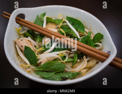 Belle et appétissante photo d'une soupe poulet et nouilles traditionnelles vietnamiennes, également appelé pho ga dans un bol blanc avec fond de bois et luxuri Banque D'Images